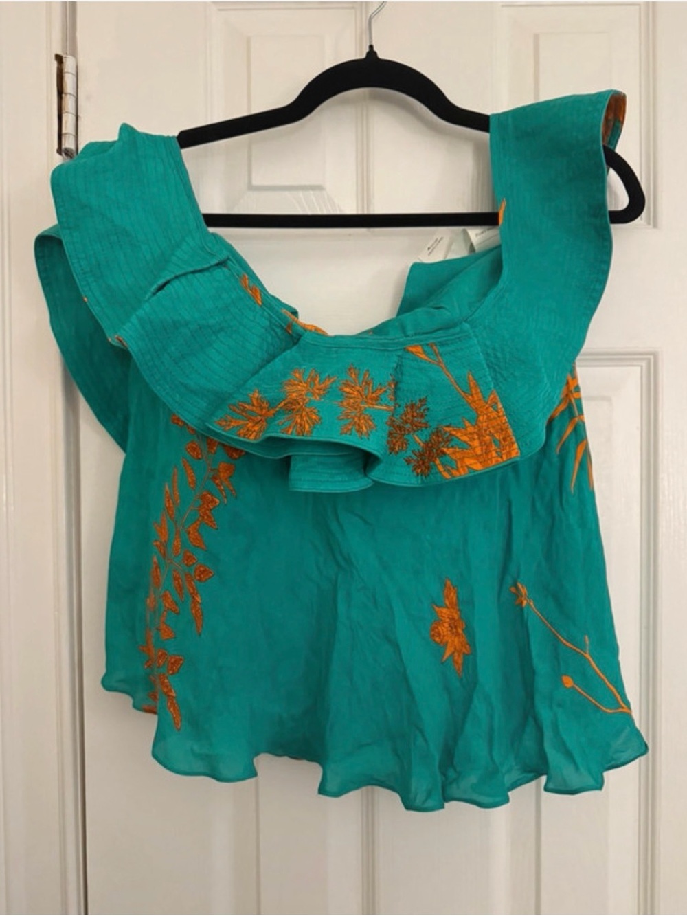 Johanna Ortiz Turquoise Ruffle Embroidered Camisole with Orange Floral Detail - Picture 2 of 5
